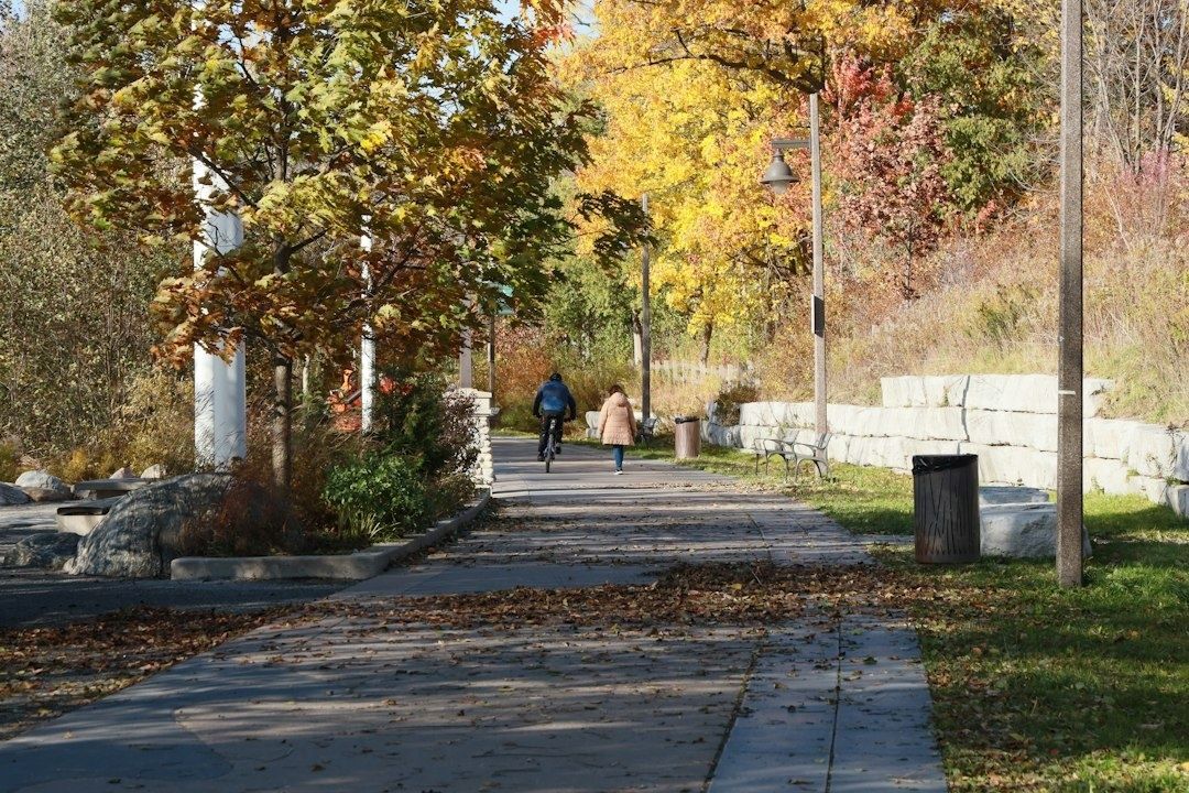 Personer promenerar och cyklar på en ojämn höststig i stadspark